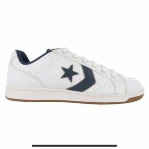 Converse leather white and navy blue one star.